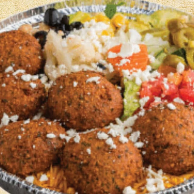 Falafel Over Rice Platter.